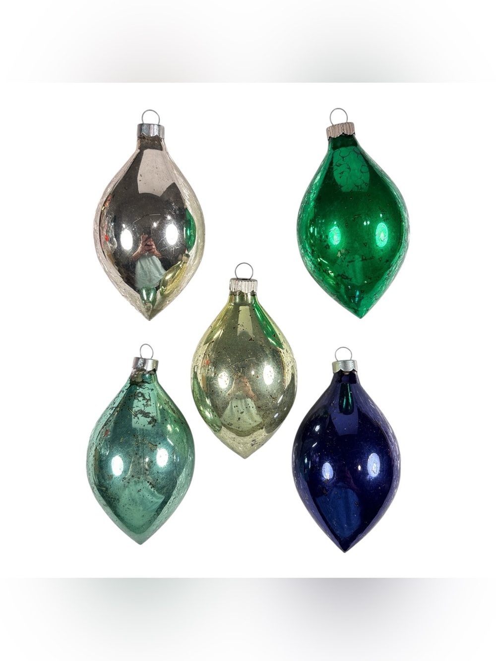 Vintage 4" Shiny Brite Mercury Glass Teardrop Tulip Christmas Ornament Set of 5